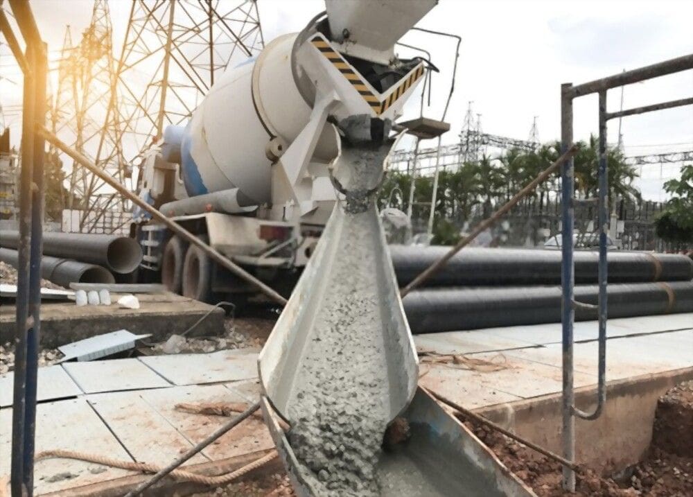 A concrete mixer pours fresh concrete into a connecting trough at a construction site in Glendale AZ. Power lines and scaffolding are visible in the background, along with stacked pipes and other construction materials, showcasing the expertise of local concrete contractors.